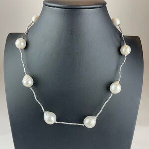NEW  NECKLACE 16” WHITE PEARLS, 925 STERLING SILVER CLASP